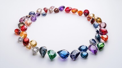 A mesmerizing circle of colorful gemstones arranged in a perfect trail on a clean white background, evoking elegance and opulence