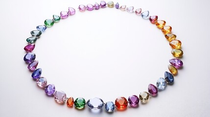 A mesmerizing circle of colorful gemstones arranged in a perfect trail on a clean white background, evoking elegance and opulence
