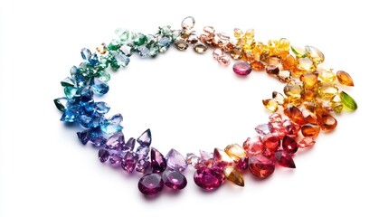 A stunning array of bright gemstones forming a circular trail on a clean white background, creating an elegant and vibrant visual
