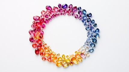 A stunning array of colorful gemstones forming a circular trail on a minimalist white backdrop, creating a luxurious and elegant design