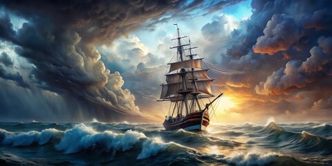 Sailing Through a Dramatic Sky, Stormy Sea, Dramatic Clouds, Ship, Ocean, Sailboat ,ocean art