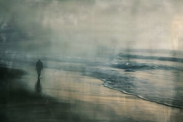 Male silhouette on rainy beach. A man is walking along the foggy ocean. Lonely figure near the sea. For poster, music album, book cover, poetry, wallpaper. Concept art in impressionism style