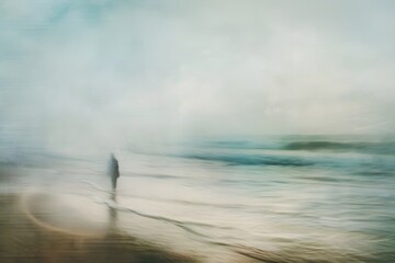 Lonely figure near the ocean. Misty ocean landscape illustration. Silhouette of a person walking on the beach. Ocean landscape illustration. Seascape art for poster, music album, poetry, wallpaper