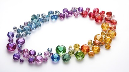 Bright, vibrant gemstones arranged in a captivating circular trail on a pure white background, creating a sense of luxury and glamour