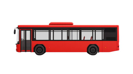vibrant red city bus with large windows and seating inside isolated on a white background, transparent background.