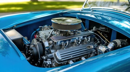 Classic Car Engine in Sleek Blue Vehicle