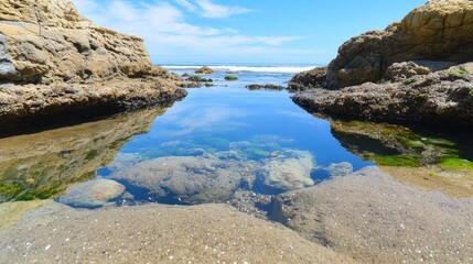 Fototapeta premium Serene Coastal Reflection in Calm Water Pool