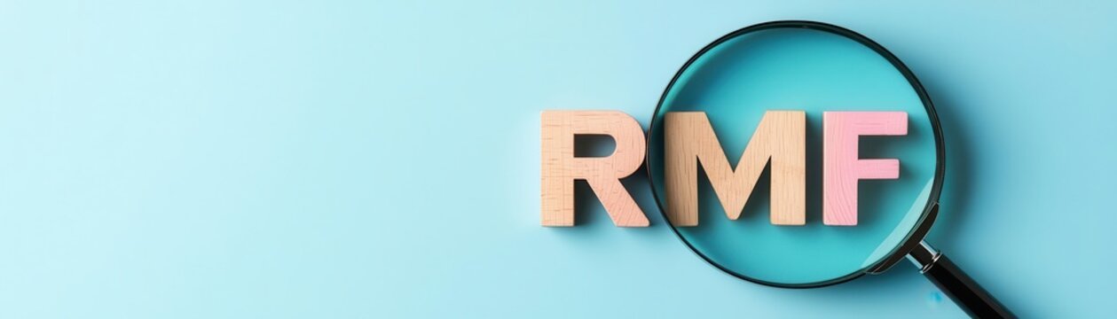 Magnifying glass highlighting wooden letters RMF on a blue background.