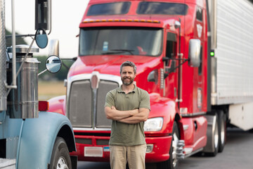 Man driver near lorry truck. Truck driver. Trucking owner. Transportation vehicles. Hispanic man...