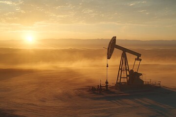 Naklejka premium Oil Rig Silhouette at Sunset in a Desert Landscape