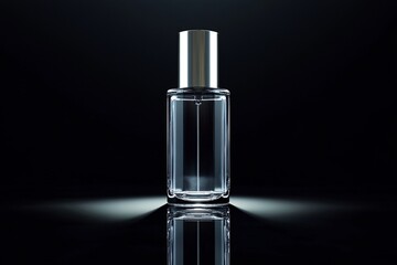 Naklejka premium Empty Glass Perfume Bottle with Silver Cap on Black Background