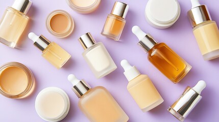 Obraz premium Different textured liquid serum swatches on a pastel purple background, showcasing various beauty skincare product textures and consistencies. Perfect for cosmetic product advertising, 