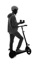 Silhouette of young man in helmet with cups of coffee and electric scooter on white background