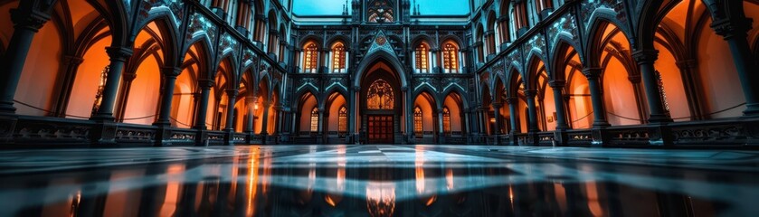 Fototapeta premium Castle courtyard with grand architecture, historical and majestic, Gothic, Cool tones, Photograph, Architectural heritage