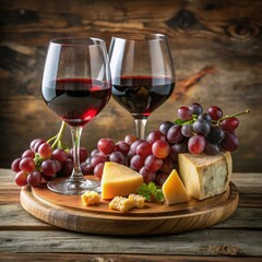 Two Glasses of Red Wine with Grapes and Cheese on Wooden Board, Food Photography , Wine and Cheese