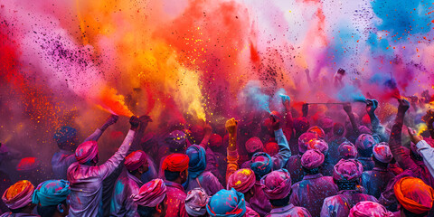 Holi Festival Celebration with Colorful Powder in the Air, Vibrant Crowd Enjoying Holi Festival with Color Explosion