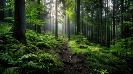 Obraz premium Enchanted forest with mist and tall trees, magical and serene, Nature, Soft greens, Photograph, Mystical woods