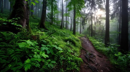 Fototapeta premium Enchanted forest with mist and tall trees, magical and serene, Nature, Soft greens, Photograph, Mystical woods