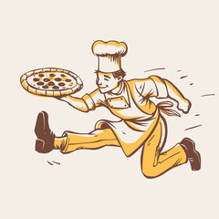 Naklejka premium Running Chef with Pizza Vector Silhouette