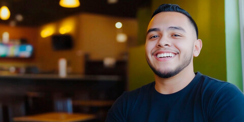 Latin student smiling, in blurry cafeteria