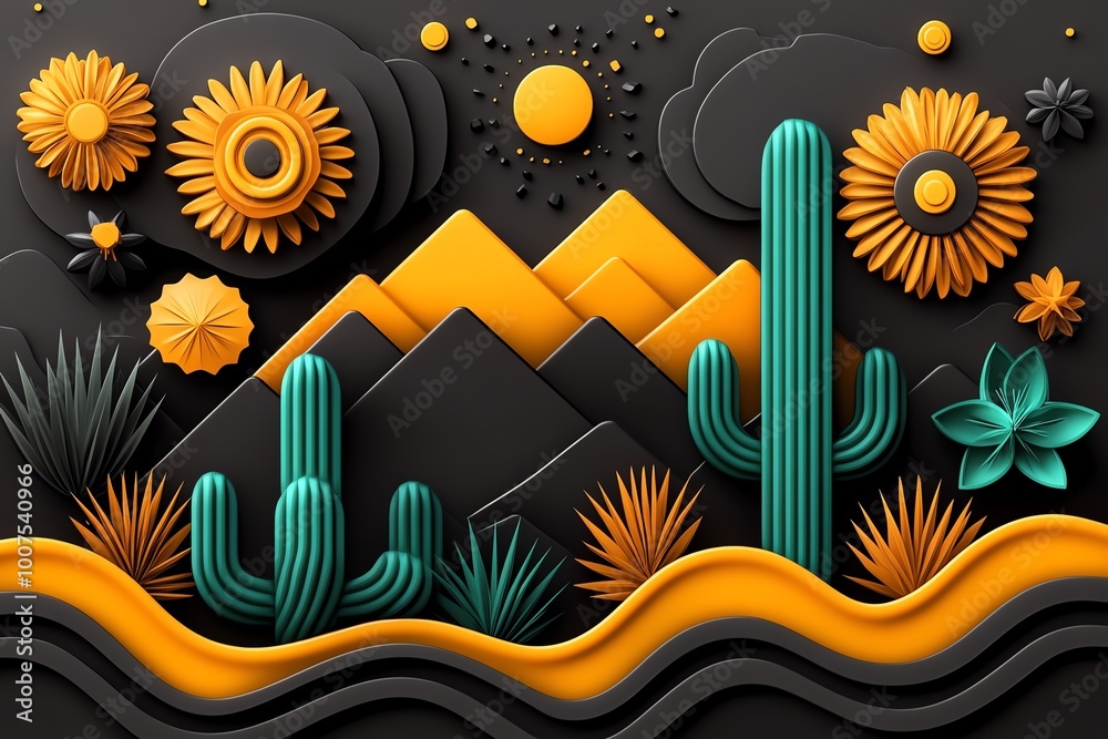 Poster abstract design of a desert landscape, using clean lines and geometric shapes to symbolize the beaut