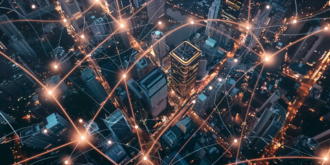 Futuristic City with Digital Network Connections, Aerial View of Urban City with Network Technology