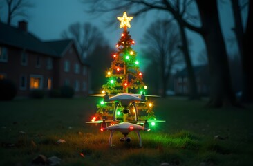 A festive drone near a colorful Christmas tree in a suburban neighborhood at dusk. Generative AI