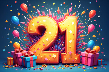 21st birthday card. Large, colorful number 21 with confetti and balloons around it, celebrating a birthday or anniversary.