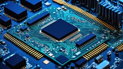 Fototapeta premium Close-up of a microchip on a circuit board showcasing technology and design.