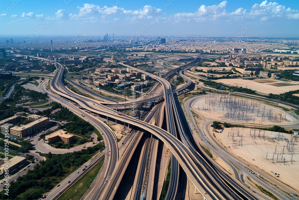 Poster Aerial view of a complex urban infrastructure network, where roads, railways, and power lines create a web connecting different parts of the city.