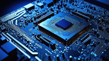 Fototapeta premium Close-up of a blue circuit board with a central processing unit and electronic components.