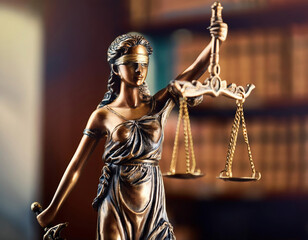 Sculpture of Lady Justice in the lawyer's office with bookshelf in the background