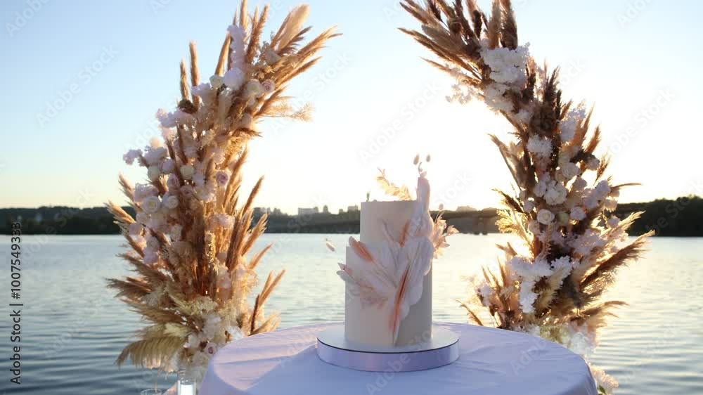 Sticker a large wedding cake by the arch for the evening ceremony