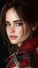 Fototapeta premium A young woman with freckles and blue eyes stares intently at the camera, her expression both curious and confident.