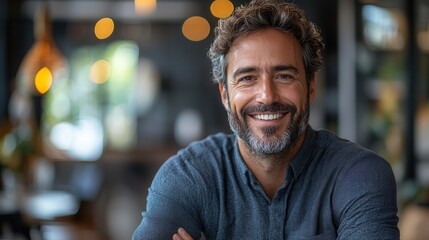 Obraz premium Friendly man smiling in a modern cafe setting