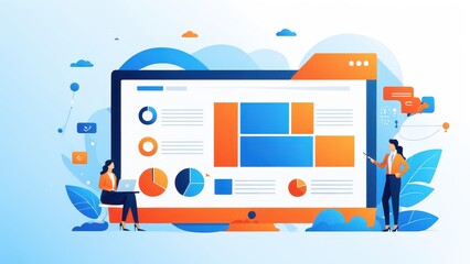 Illustration of data analysis on a large screen with two figures interacting.