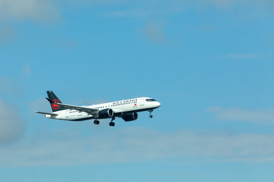 Elizabeth, New Jersey - October 2, 2024: An Air Canada Airbus A220-300 jet  lands at Newark Liberty International Airport (EWR)