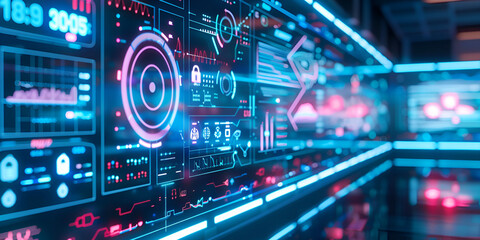 Obraz premium Futuristic Technology Control Room with Digital Data Displays, High-Tech Command Center with Interactive Screens