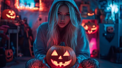 Mysterious Girl Holding Glowing Jack-o'-Lantern in Dark, Spooky Halloween Scene