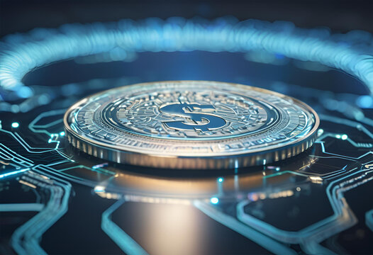 Moeda de 1 D&oacute;lar Digital em um fundo de transa&ccedil;&atilde;o virtual.