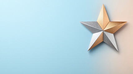 bold geometric star design in gold and silver on soft blue background.