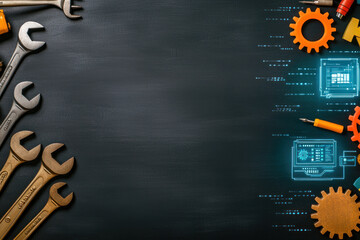 business chalkboard with traditional tools and digital elements, showcasing creativity.