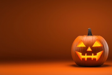 glowing pumpkin with cheerful face stands out against orange background, evoking festive joy.