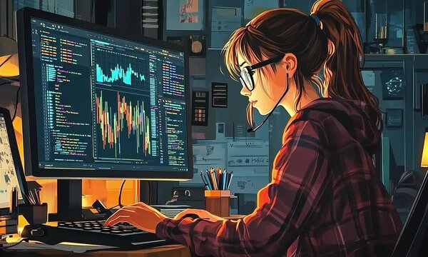 Focused woman analyzing data on computer screens illustration cartoon with ai generated.
