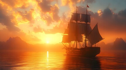 Obraz premium Elegant Ship Sailing at Sunset Over Serene Ocean Horizon Photo
