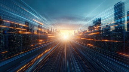 A captivating cityscape at sunset featuring dynamic light trails. The image captures the essence of urban energy and motion, showcasing modern skyscrapers and vibrant colors.
