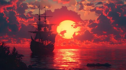 Obraz premium Golden Sunset with Majestic Ship Sailing Over Peaceful Ocean Surface picture