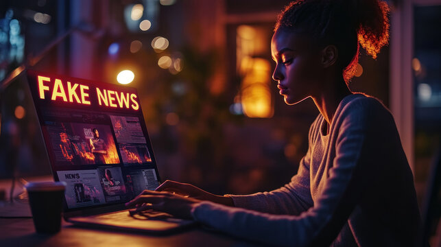 person typing on laptop surrounded by fake news articles, creating thoughtful atmosphere.