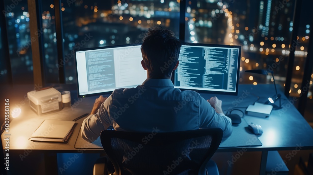 Poster software developer coding late at night in a city office with bright lights visible through the wind