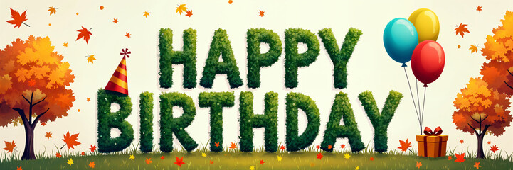 Holiday illustration. Festive birthday greeting with the words Happy Birthday written in large, colorful letters and surrounded by autumn leaves and trees.